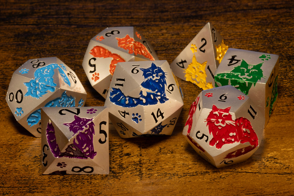Meowgic 7-Piece Metal Dice Set – Pearl Silver with Rainbow Cats – photo 7