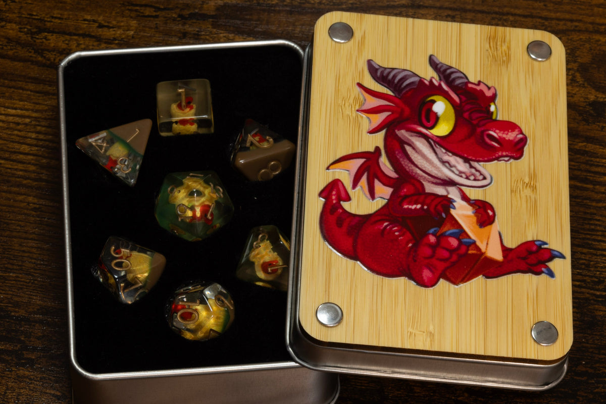 Red dragon dice box with Red Dragon Hatchling dice set - The Wizard's Vault