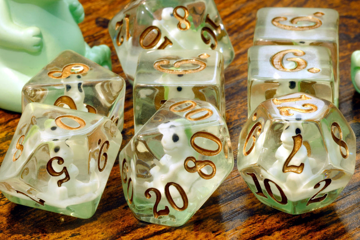 T-Rex resin dice set with gold numbers