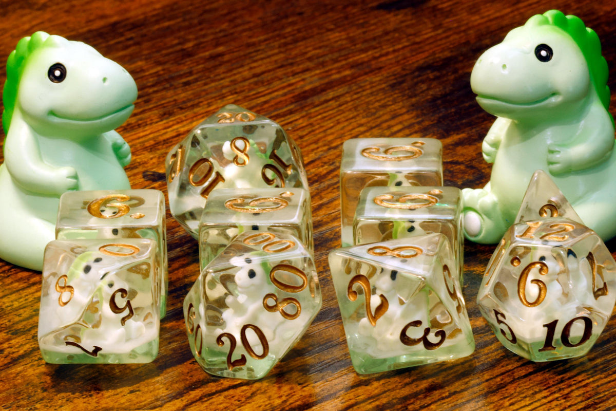 T-Rex tabletop RPG dice with dinosaur inclusions