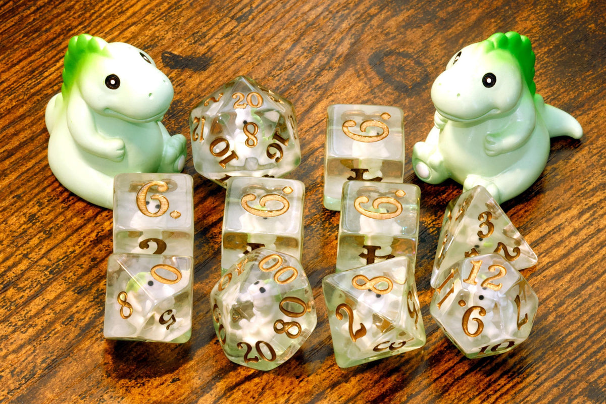 T-Rex DnD dice set with miniature dinosaur inclusions