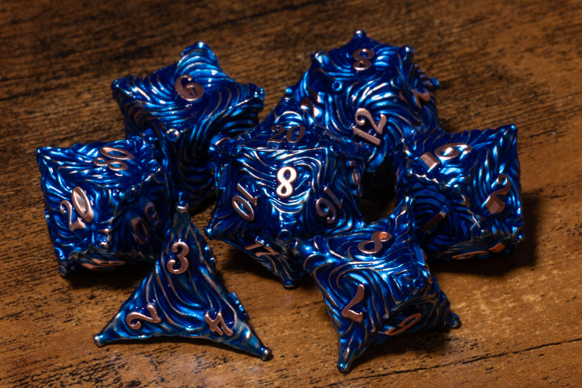 Vortex 7-Piece Metal Dice Set – Blue with Copper Numbers – photo 3