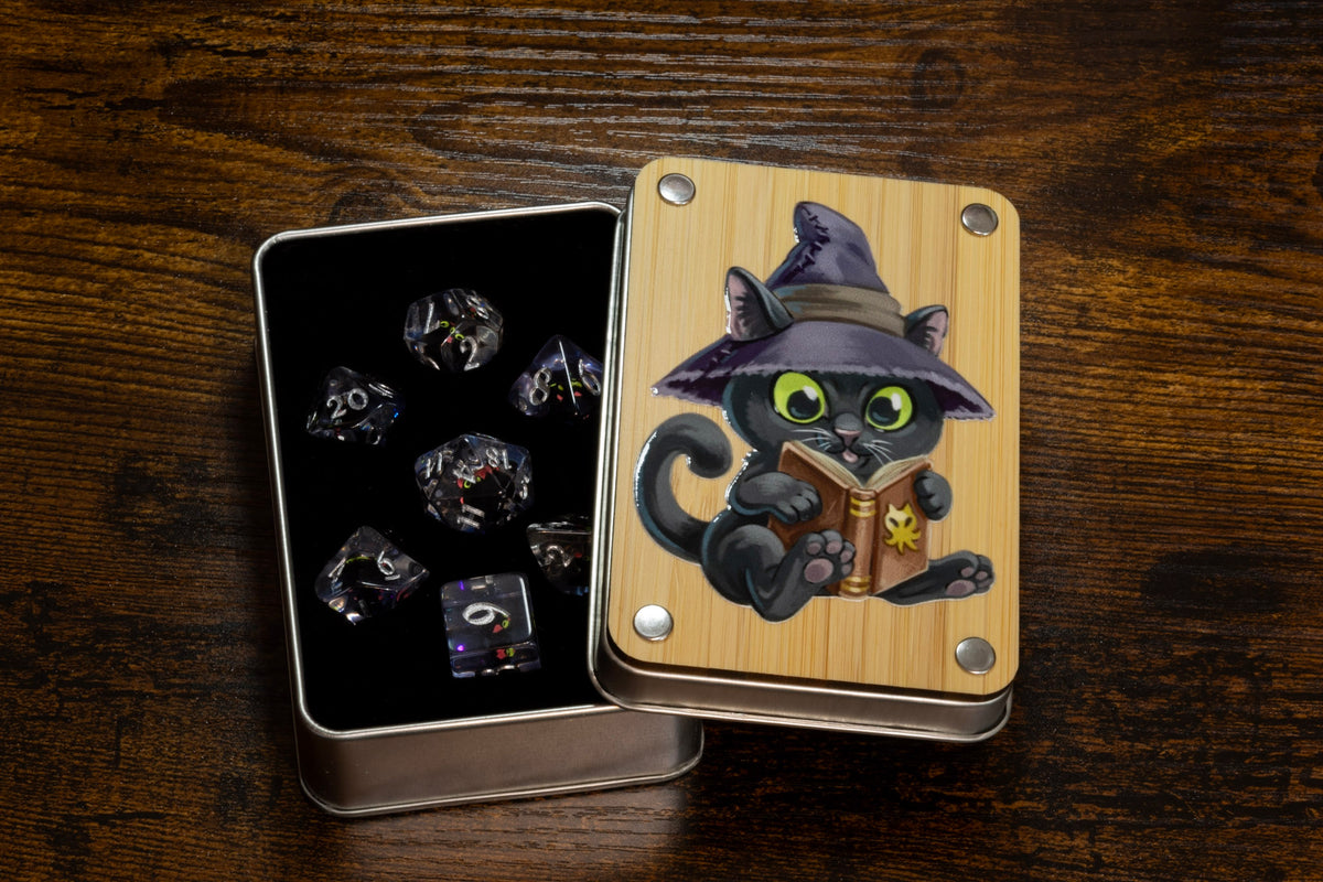 Wizard Cat dice box with black cat dice set - The Wizard's Vault