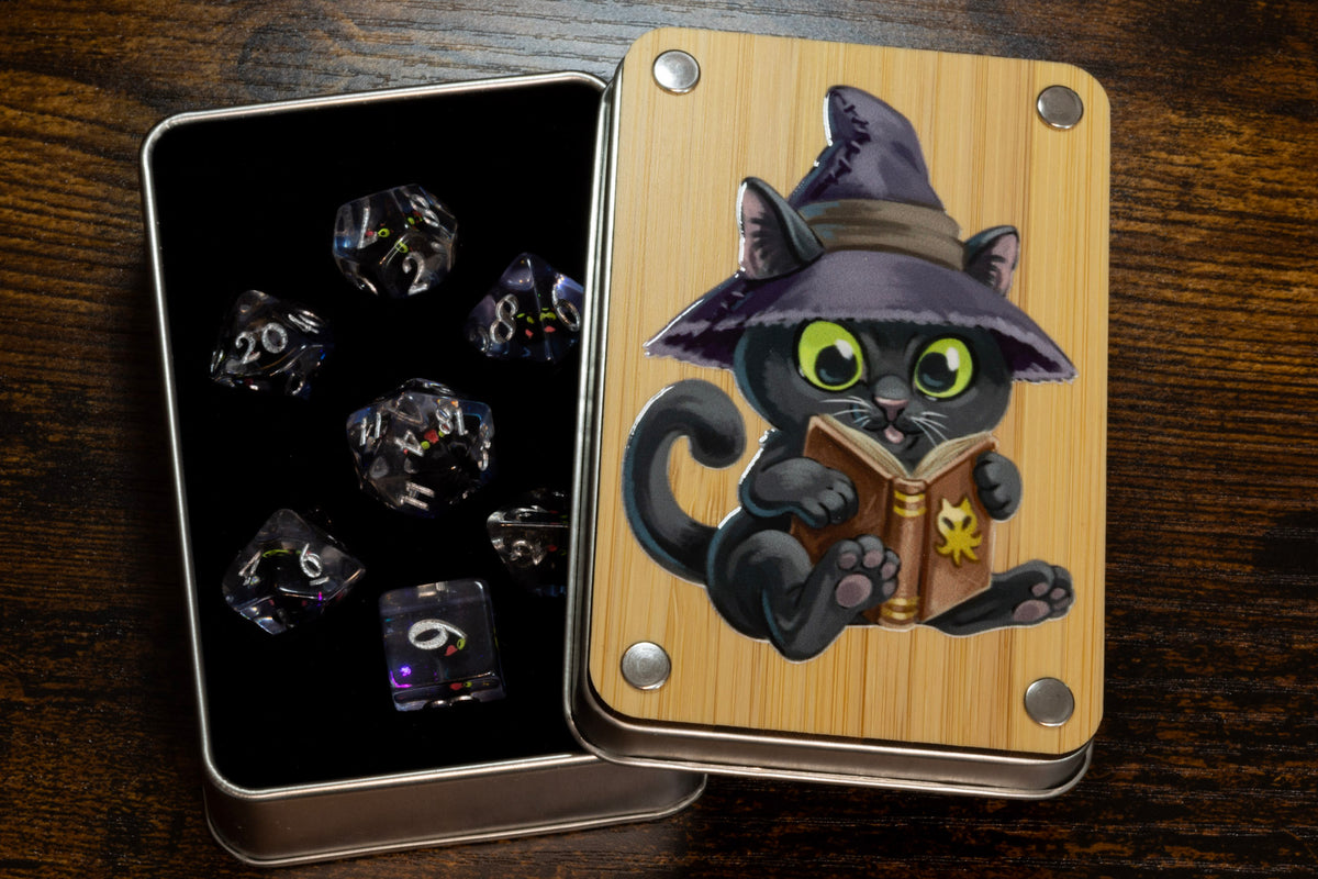 Wizard Cat dice box with black cat dice set - The Wizard's Vault