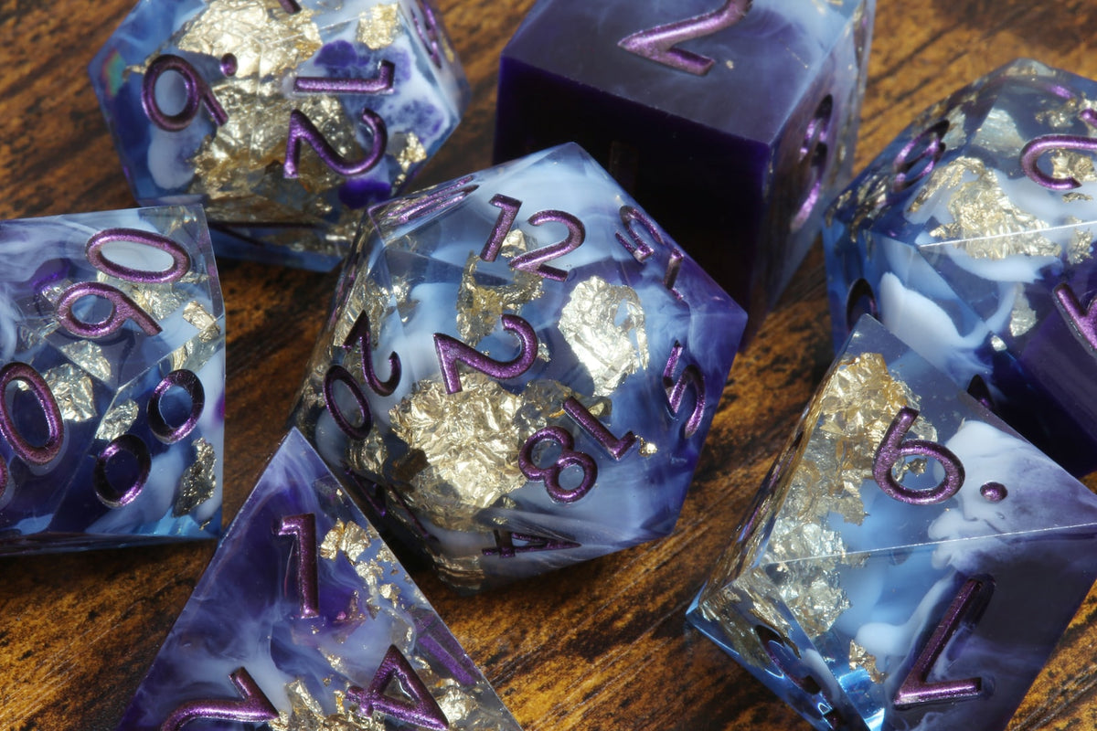 Majestic Twilight dice set - sharp edge dice set with deep purple and white resin with gold flakes - The Wizard's Vault