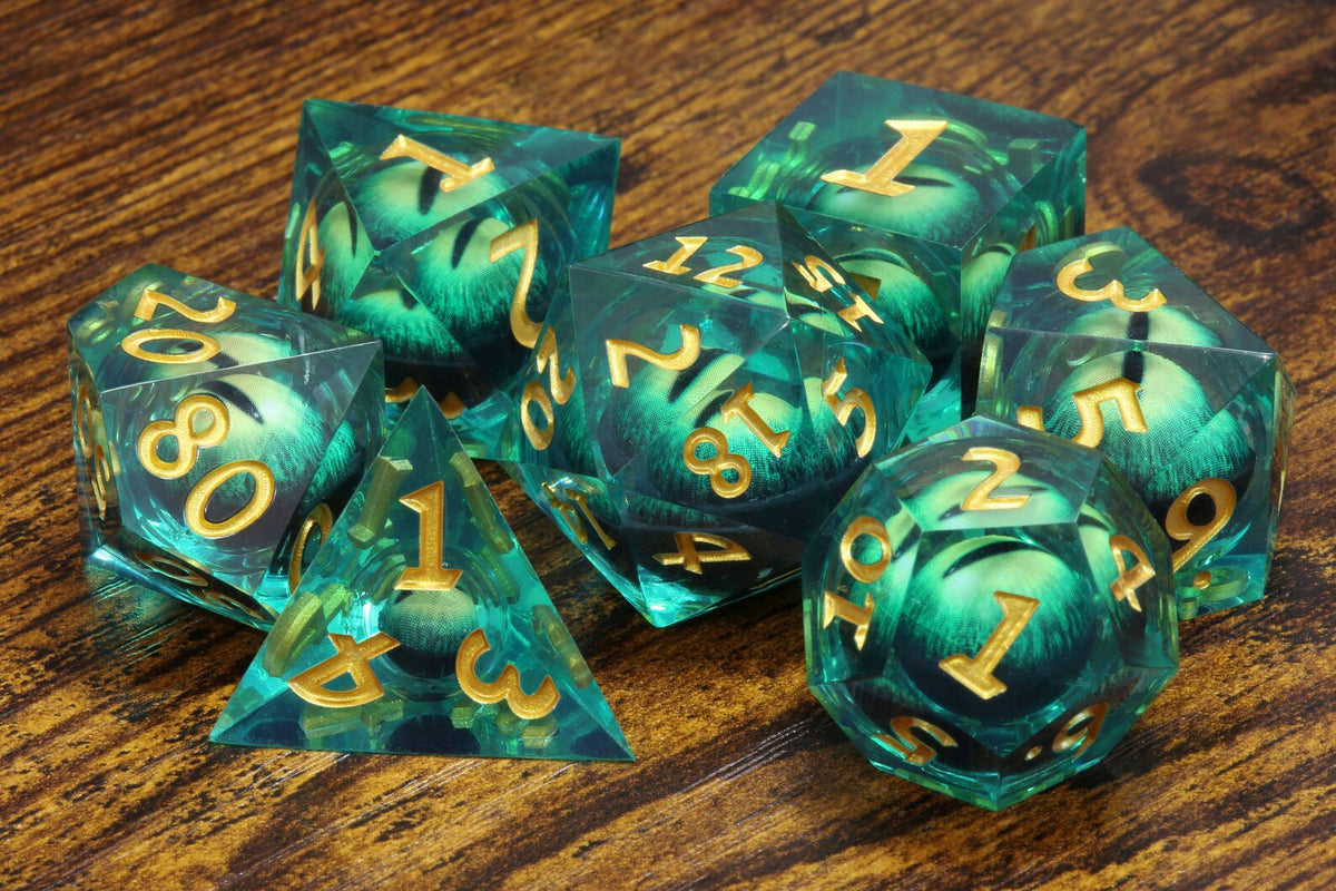 Basilisk Gaze 7-Piece Liquid Core Dice Set – Sharp Edge with Green Moving Eyes