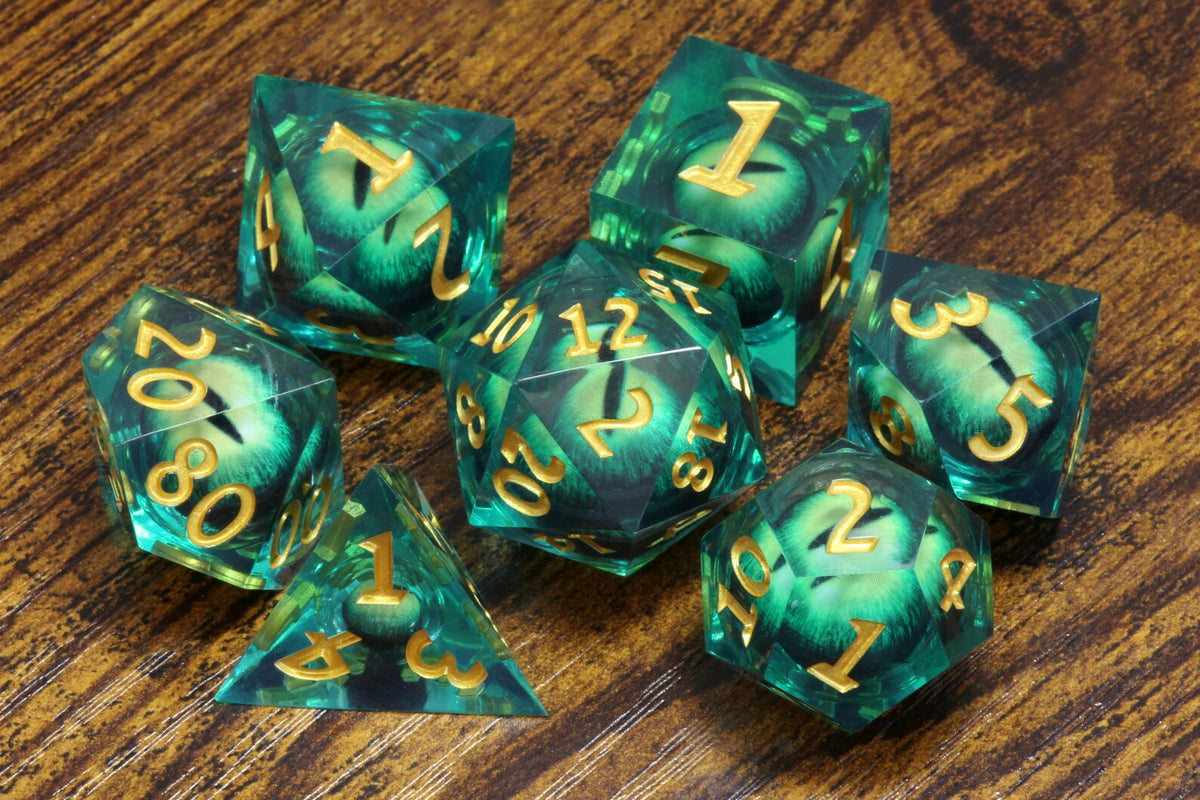 Basilisk Gaze 7-Piece Liquid Core Dice Set – Sharp Edge with Green Moving Eyes