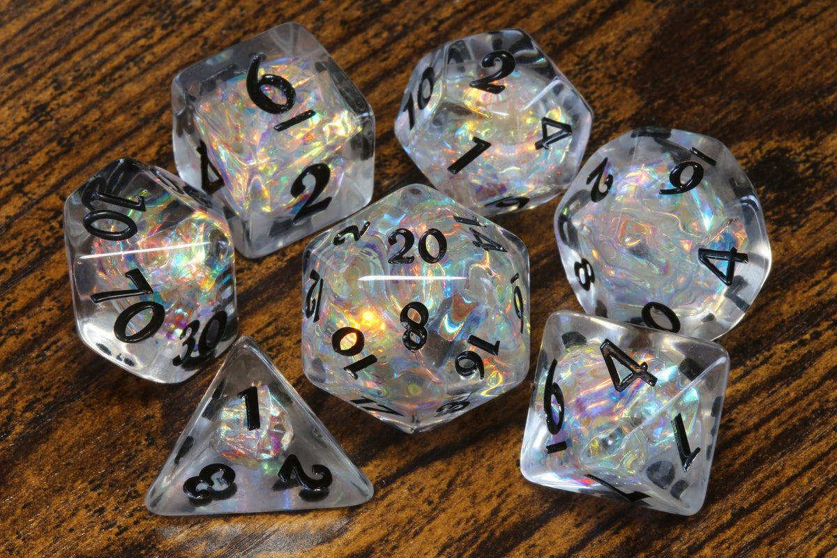 Icy Opal dice set - Clear Holo dice - Dice set with rainbow holographic inclusions - The Wizard's Vault