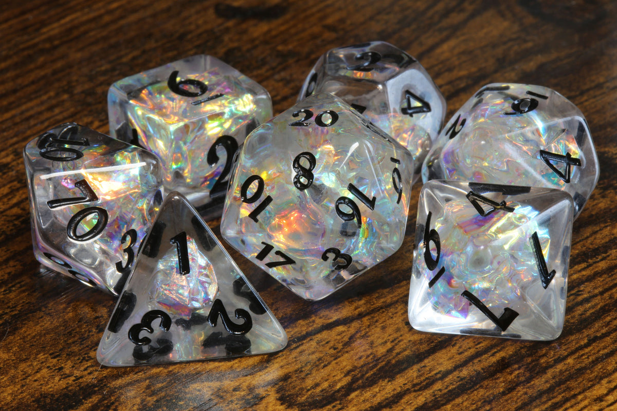 Icy Opal dice set - Clear Holo dice - Dice set with rainbow holographic inclusions - The Wizard's Vault