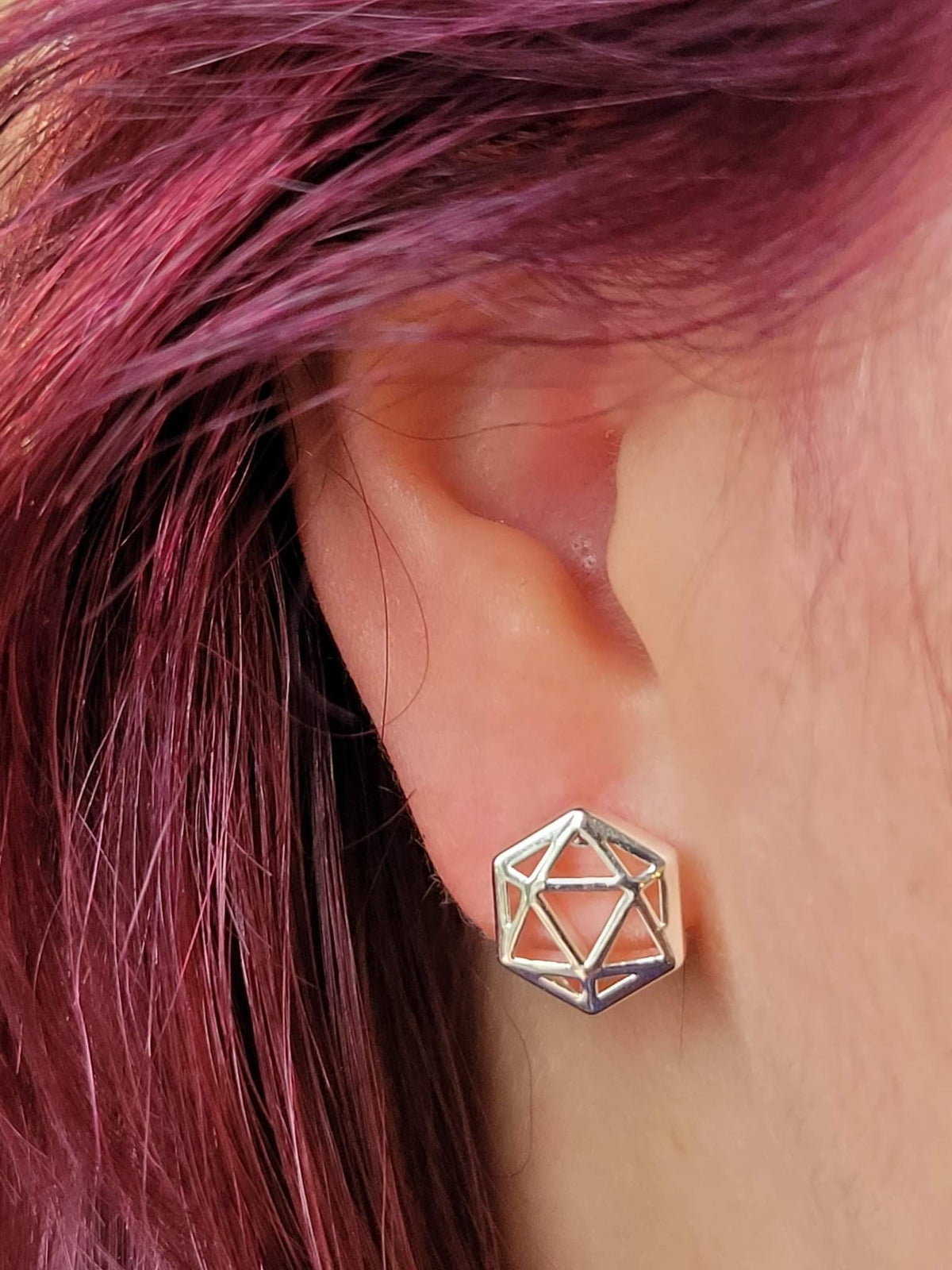 D20 Dice stud earrings, Dice earrings with pink opal - The Wizard's Vault