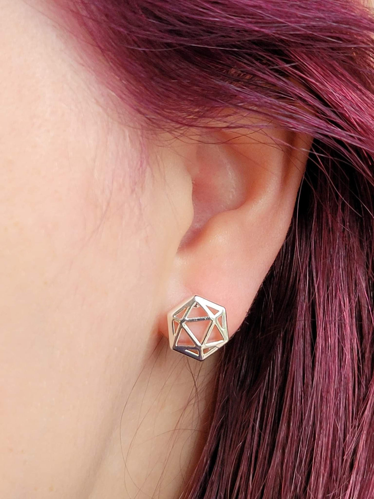 D20 Dice stud earrings, Dice earrings with ice white opal - The Wizard's Vault