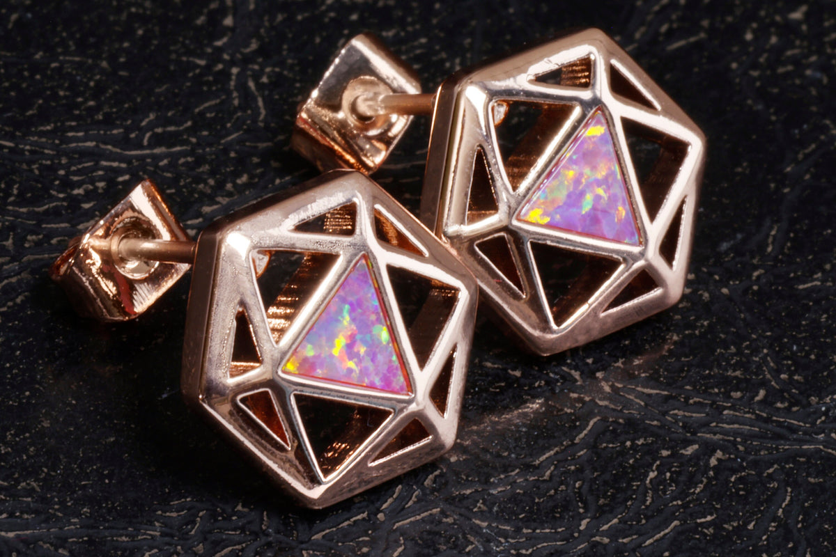 D20 Dice stud earrings, Rose gold dice earrings with light red opal - The Wizard's Vault