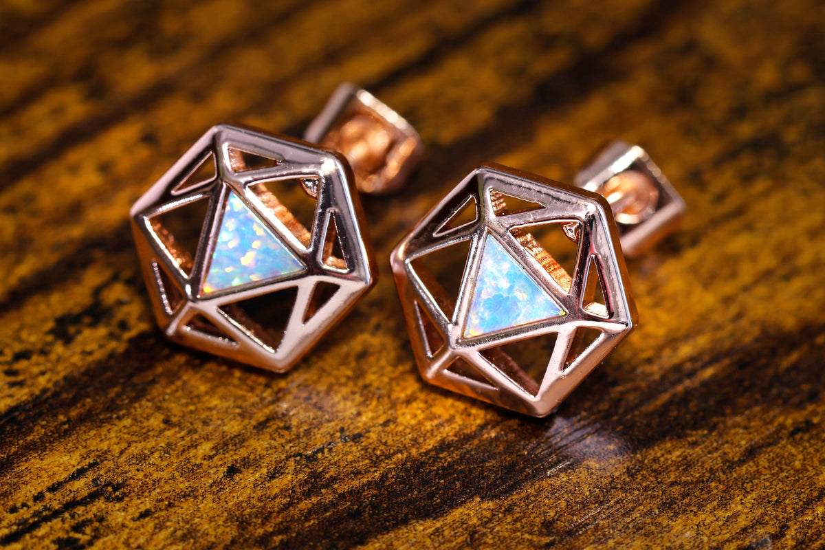D20 Dice stud earrings, Rose gold dice earrings with light blue opal - The Wizard's Vault