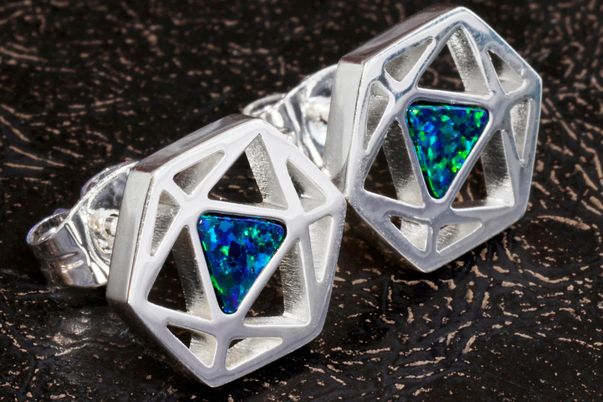 D20 Dice stud earrings, Dice earrings with dark blue black opal - The Wizard's Vault