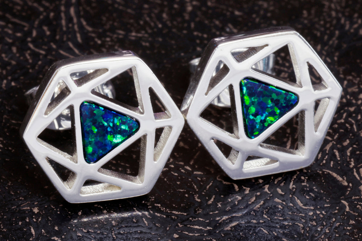 D20 Dice stud earrings, Dice earrings with dark blue black opal - The Wizard's Vault