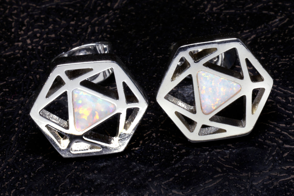 D20 Dice stud earrings, Dice earrings with ice white opal - The Wizard's Vault