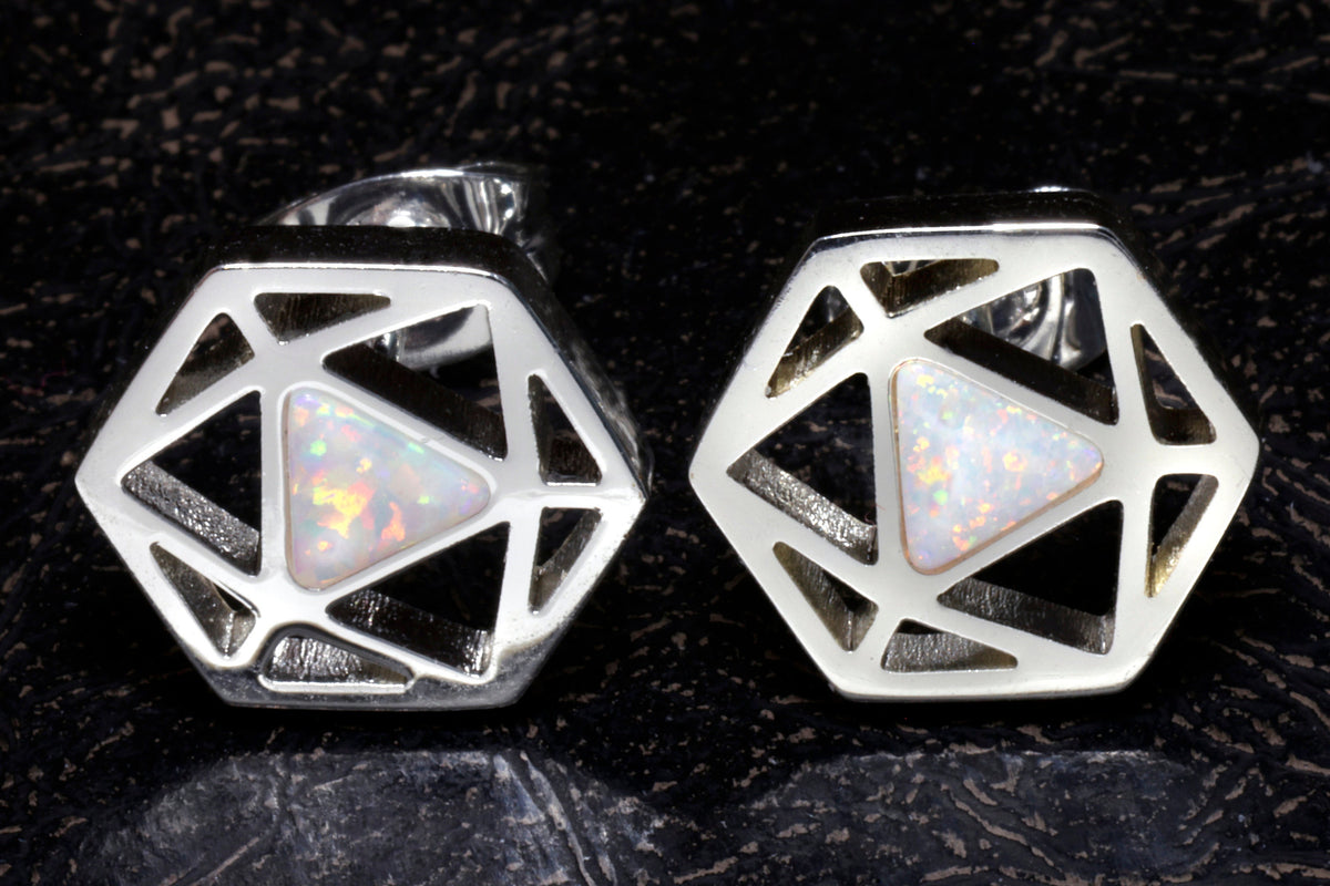 D20 Dice stud earrings, Dice earrings with ice white opal - The Wizard's Vault