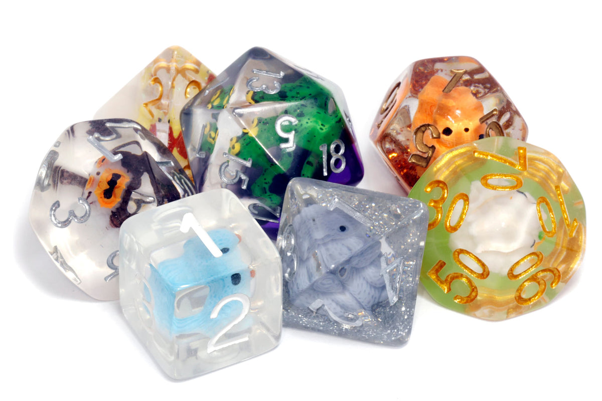 Mixed woodland animal polyhedral resin dice