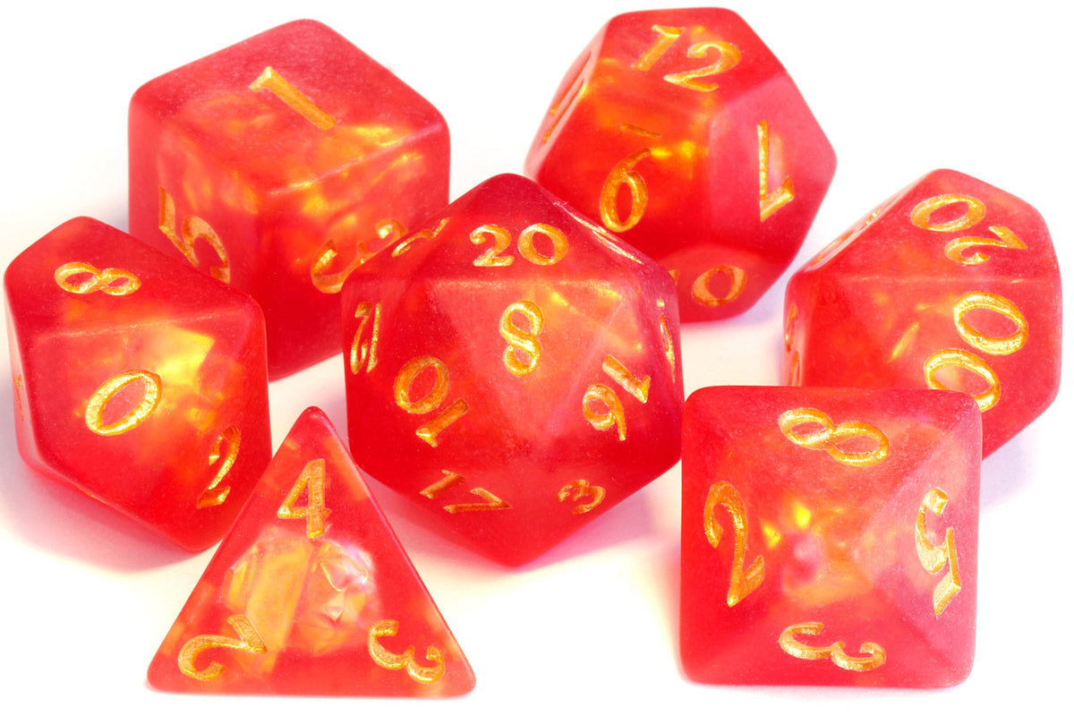 Dragon's Breath dice set - Red orange Holographic inclusions , Frosted - The Wizard's Vault