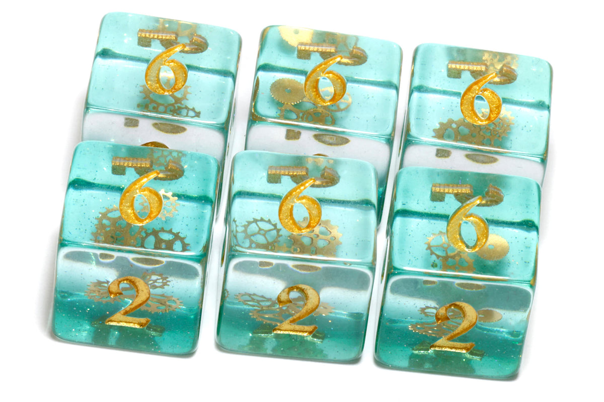 Ethereal Sprockets D6 Dice, Blue green glittery layer with small golden gear inclusions - The Wizard's Vault